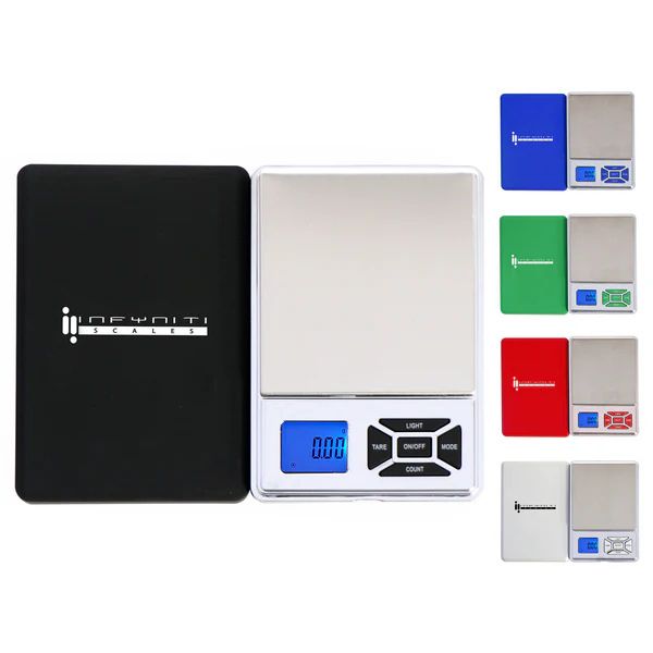 Digital kitchen scale with color-coded label options on a white background
