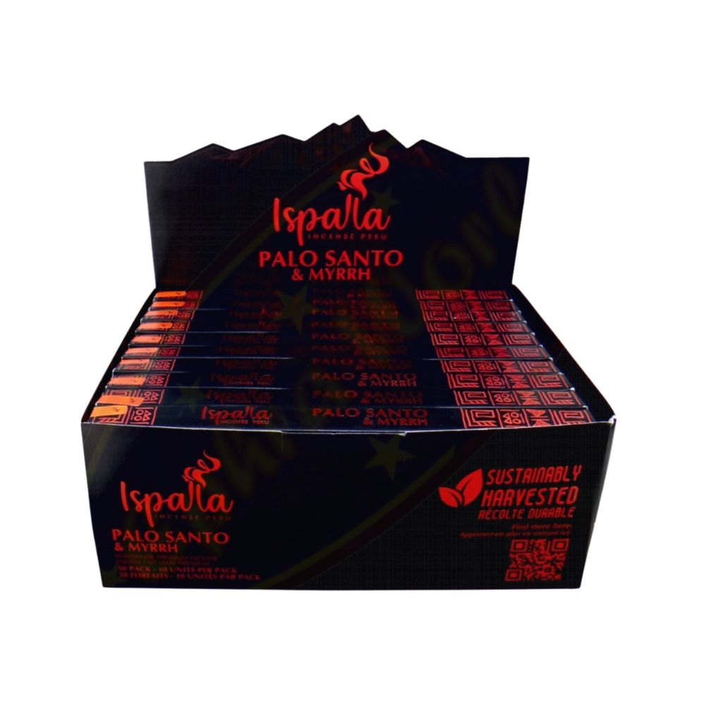 Box of Ispalla Palo Santo &amp; Myrrh products with red text on a white background