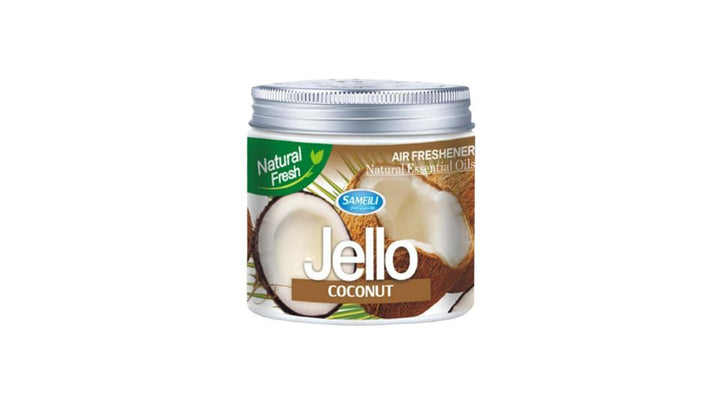 Jar of coconut Jello on a white background