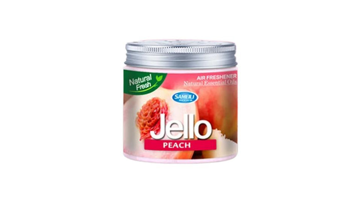 Jello air freshener with peach flavor on a white background