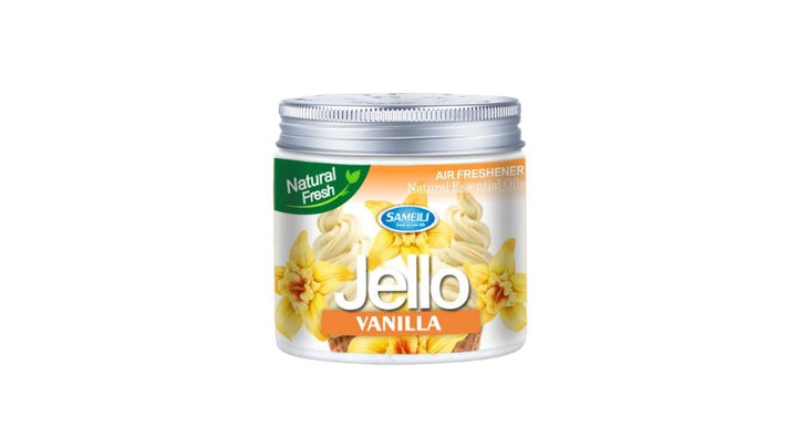 Vanilla Jell-O container with a silver lid on a white background