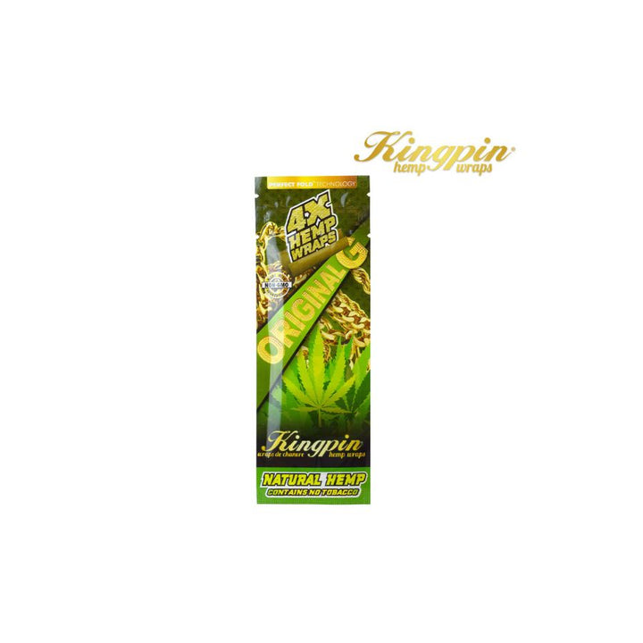 Kingpin Hemp Wraps packaging with a cannabis leaf on a white background