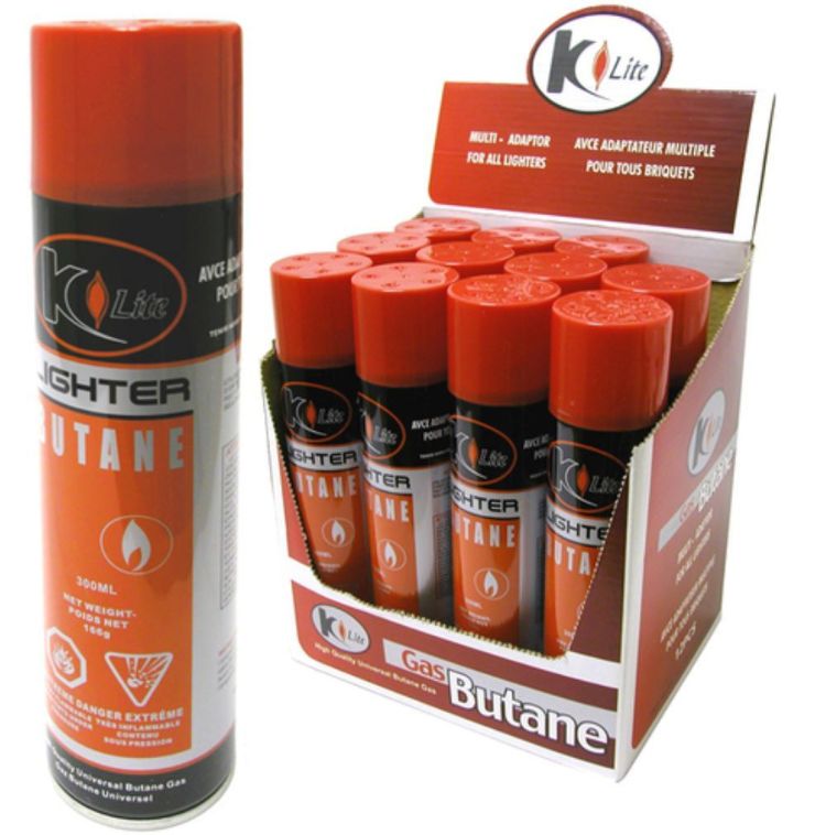 K-Lite butane lighter canister and packaging with multiple cans displayed.