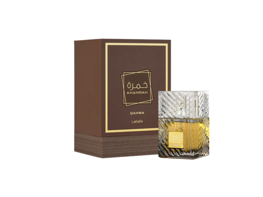 Lattafa Khamrah Qahwa perfume bottle and packaging on a white background