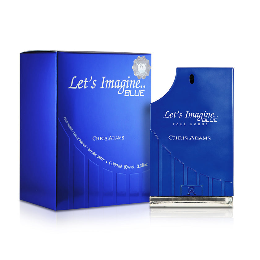 Blue perfume bottle and packaging labeled &