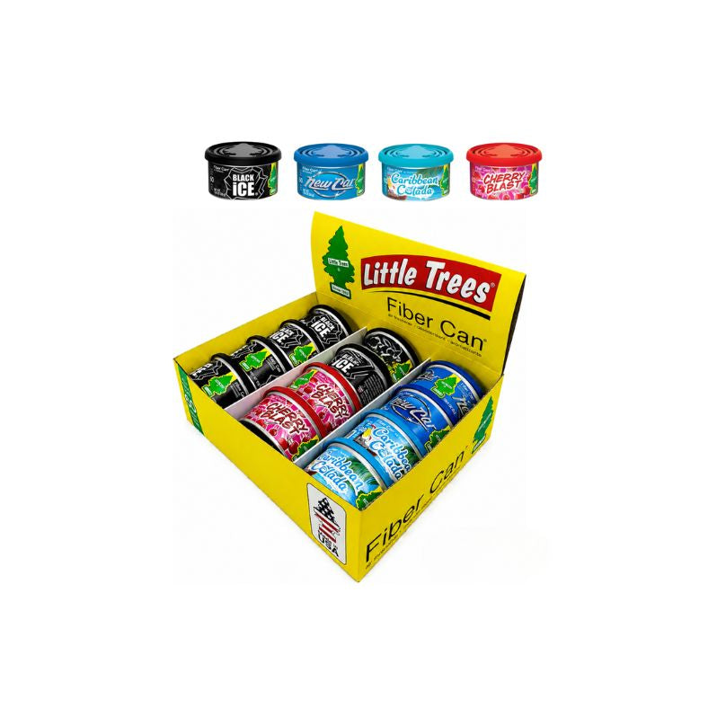 A yellow Little Trees Fiber Can display box containing multiple small fiber can products in assorted colors, with four individual cans shown above the box on a white background.