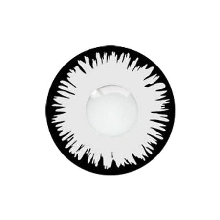 Loox angelic contact lens with a black outer ring and a white radial pattern resembling an eye, on a white background.