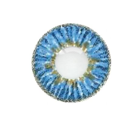Loox Brilliant blue single round contact lens with a blue and green mottled iris pattern on a white background.