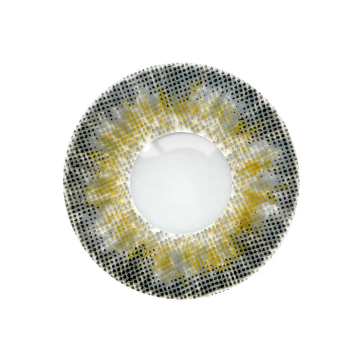 Loox Coastal Grey Round contact lens with yellow and black pattern on a white background
