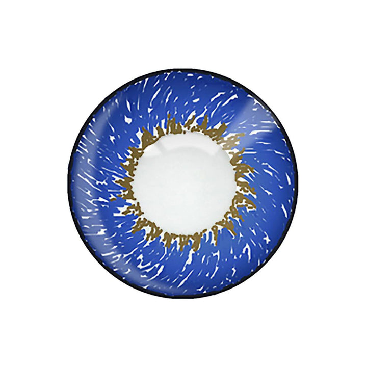 Loox Deep Azure Blue contact lens with gold flecks on a white background