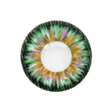 Loox enchanted contact lens with a vibrant, multi-colored radial pattern of green, yellow, pink, and black, on a white background.
