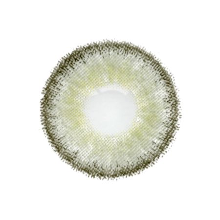 Loox Glimmer Quartz Grey contact lens with a pale yellow-green gradient and a dark olive-green outer ring on a white background.
