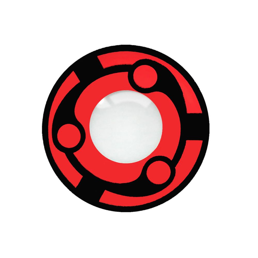 loox Madara contact lenses Red and black circular logo with a white center on a white background