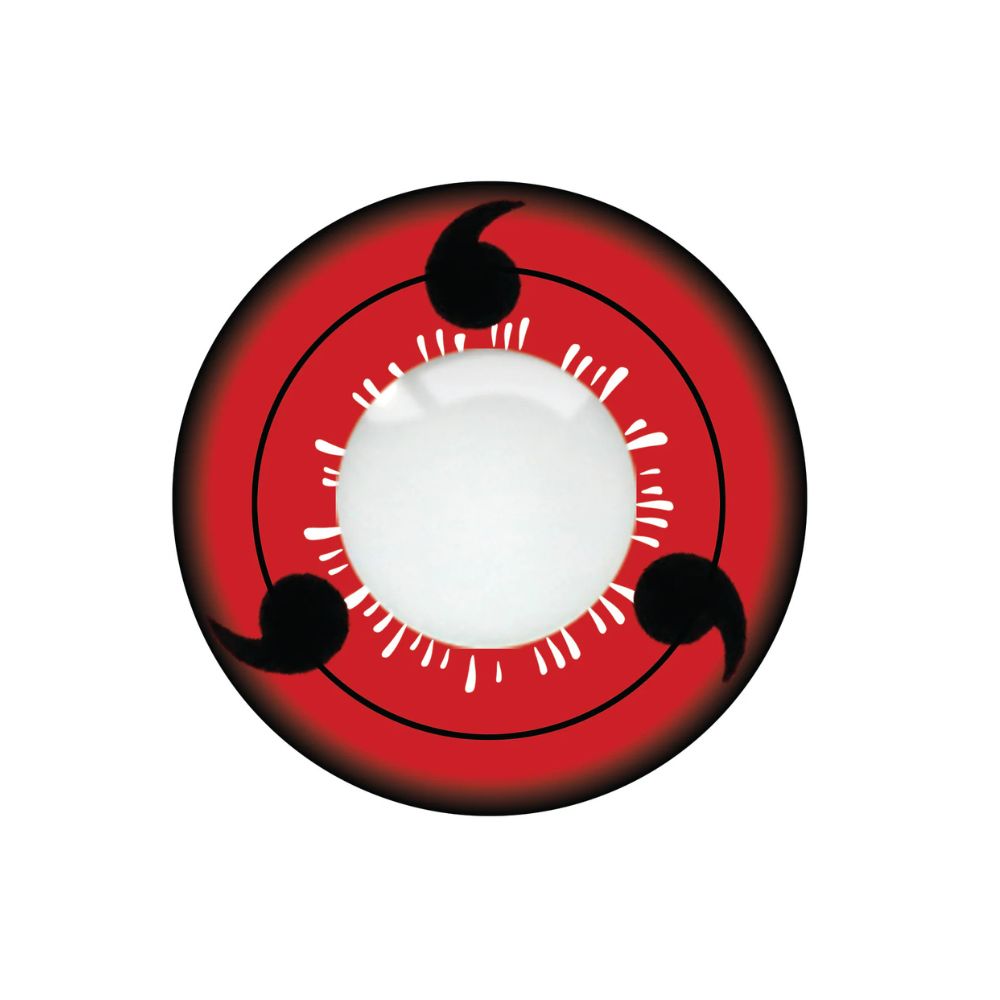 Loox Sharingan Circular object with red border, white center, and black accents on a white background