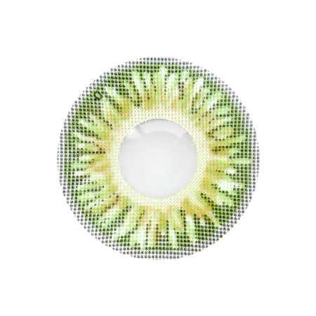 Loox sparkle emerald kiwi-colored contact lens with a green and yellow halftone pattern resembling kiwi fruit slices, on a white background.