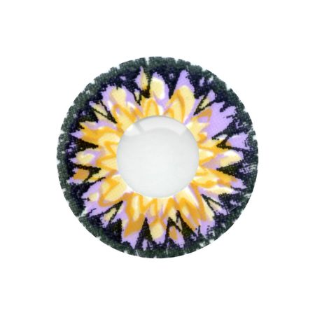 Loox Sunburst Violet Purple contact lens with a vibrant, multi-colored radial pattern featuring yellow, purple, and black rays surrounding a clear central opening on a white background.