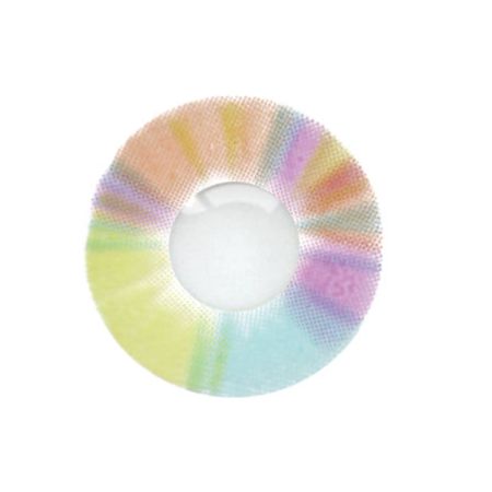 Loox unicorn contact lens with a pastel rainbow gradient pattern, on a white background