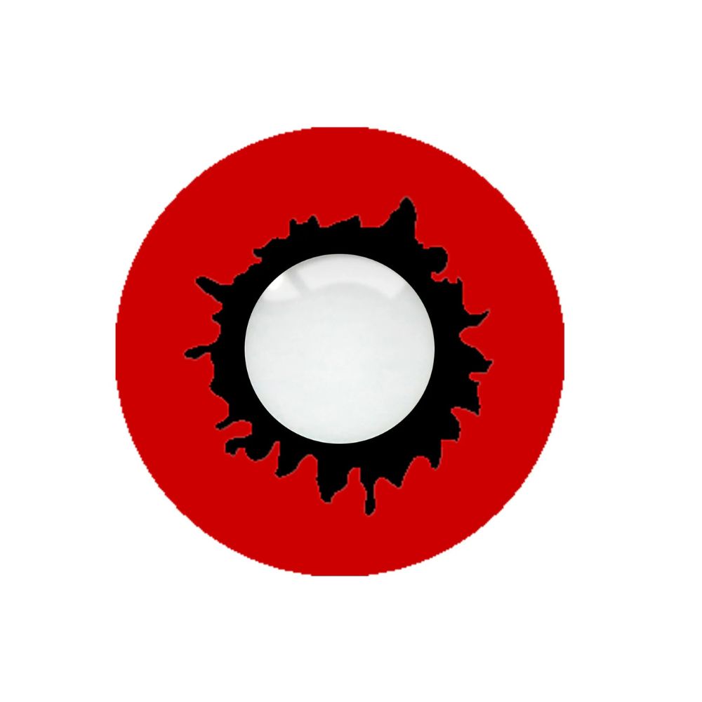 Zombie-Undead-contact-lenses Circular design with a black spiky center and white core on a red background on a white background 
