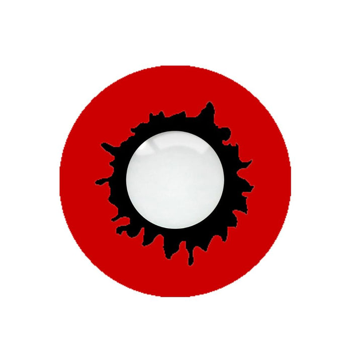 Zombie-Undead-contact-lenses Circular design with a black spiky center and white core on a red background on a white background 
