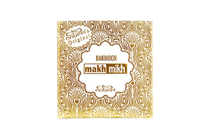Bakhoor Makhmikh packaging with decorative gold design on a white background