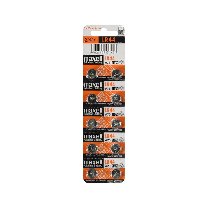Maxell Alkaline battery LR44 A76 on a white background