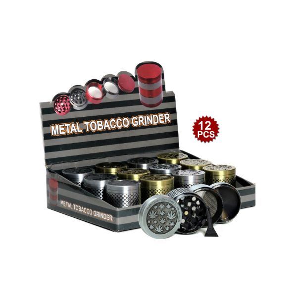 Box of metal tobacco grinders with 12 pieces on a white background