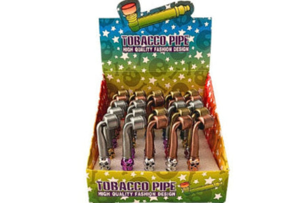 Packaged tobacco pipes with colorful display box on a white background