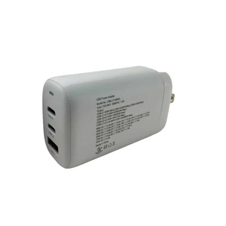 A white USB fast charger adapter with three USB-C ports and one USB-A port, shown from a three-quarter angle on a white background.