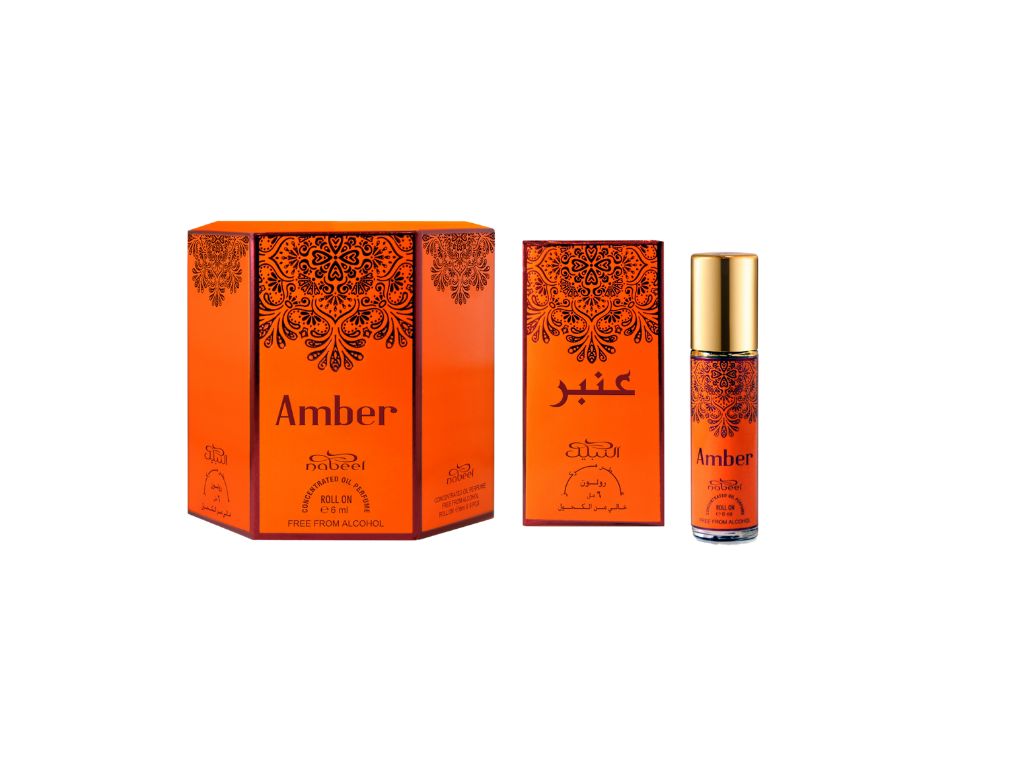 Nabeel Amber Alcohol Free Roll on oil Perfume attar bottle on a white background