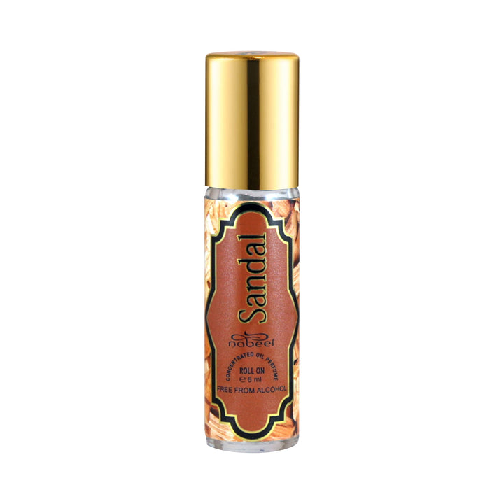 Nabeel attar Sandal Alcohol Free Roll on oil Perfume bottle on a white background