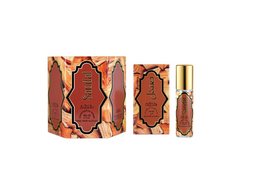 Nabeel attar Sandal Alcohol Free Roll on oil Perfume bottle on a white background