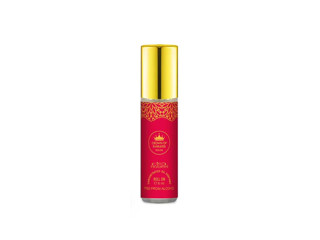 Nabeel itr attar Crown Of Emirates Rouge Alcohol Free Roll on oil Perfume bottle on a white background