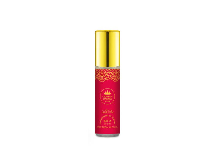 Nabeel itr attar Crown Of Emirates Rouge Alcohol Free Roll on oil Perfume bottle on a white background