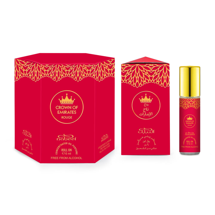 Nabeel itr attar Crown Of Emirates Rouge Alcohol Free Roll on oil Perfume bottle on a white background.   