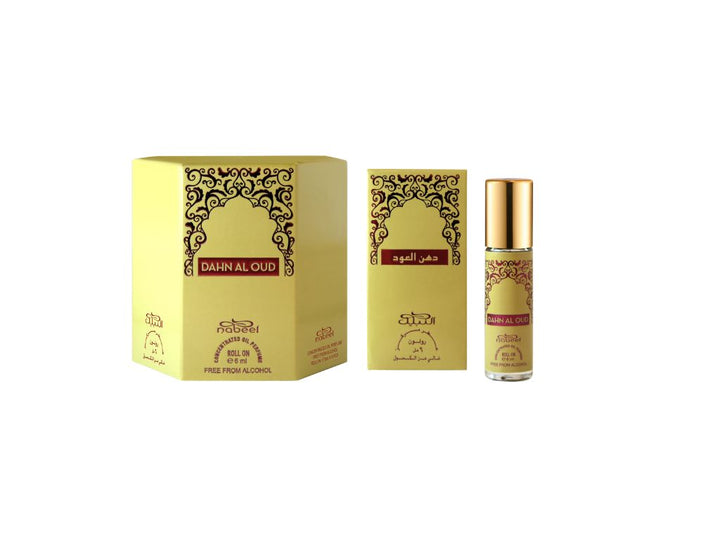 Nabeel itr attar Dahn Al oud Alcohol Free Roll on oil Perfume bottle on a white background
