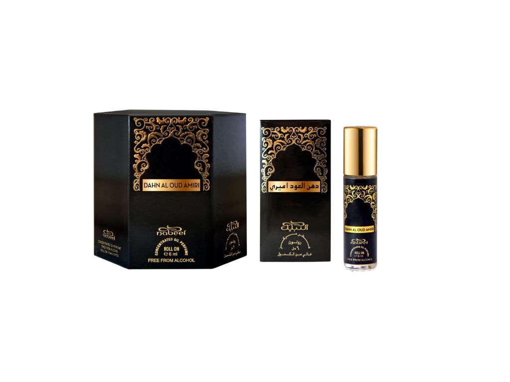 Nabeel itr attar Dahn Al oud Amiri Alcohol Free Roll on oil Perfume bottle on a white background