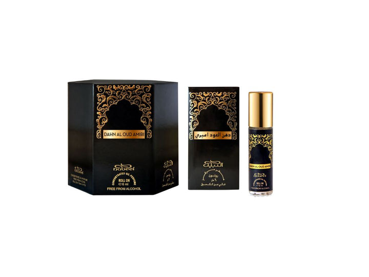 Nabeel itr attar Dahn Al oud Amiri Alcohol Free Roll on oil Perfume bottle on a white background