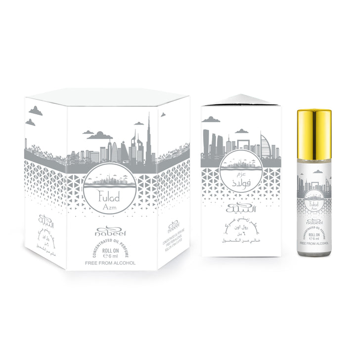 Nabeel attar itr Fulad Azm Alcohol Free Roll on oil Perfume bottle on a white background