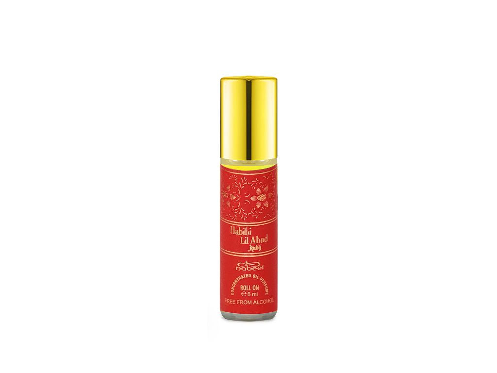 Nabeel itr attar Habibi Lil Abad Ruby Alcohol Free Roll on oil Perfume bottle on a white background