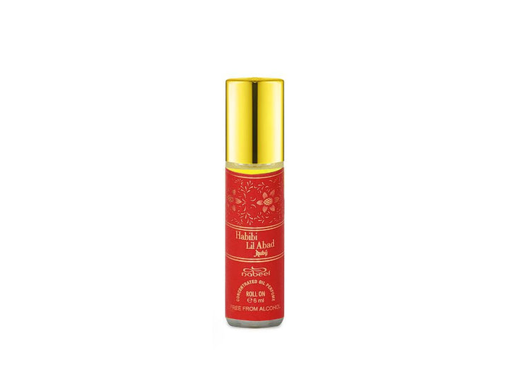 Nabeel itr attar Habibi Lil Abad Ruby Alcohol Free Roll on oil Perfume bottle on a white background