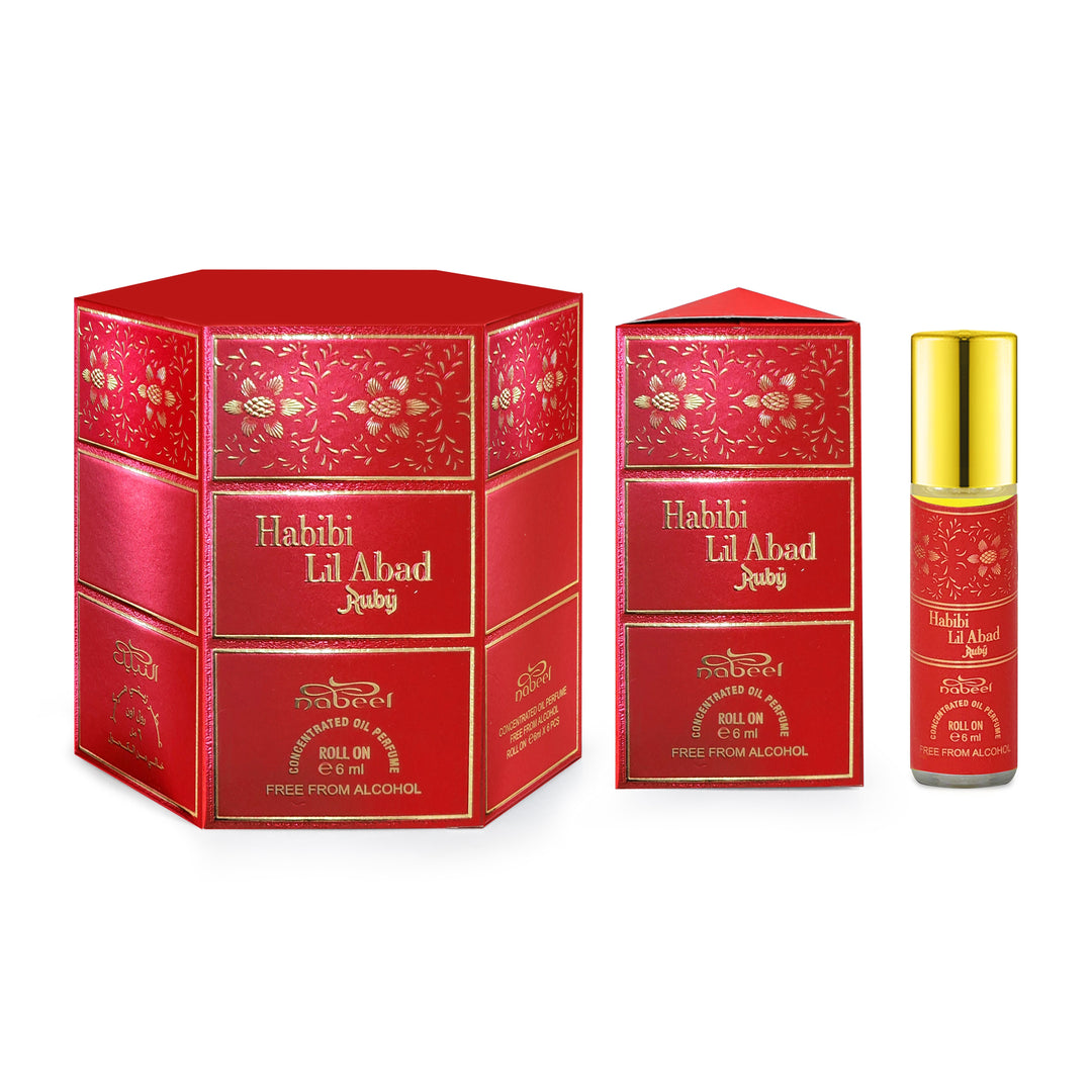 Nabeel itr attar Habibi Lil Abad Ruby Alcohol Free Roll on oil Perfume bottle on a white background