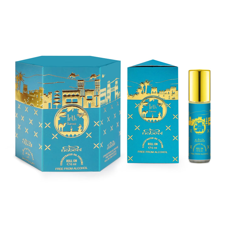 Nabeel itr attar Irth Fairooz Alcohol Free Roll on oil Perfume bottle on a white background
