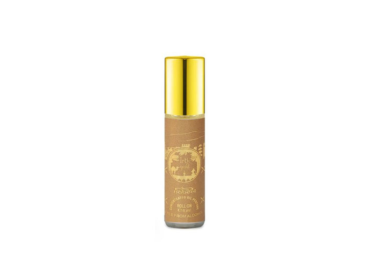 Nabeel itr attar Irth Gold Alcohol Free Roll on oil Perfume bottle on a white background