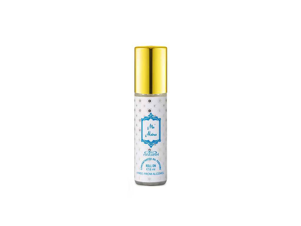 Nabeel itr Ma'alaina Alcohol Free attar Roll on oil Perfume bottle on a white background