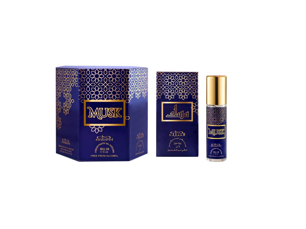 Nabeel itr attar Musk Alcohol Free Roll on oil Perfume bottle on a white background