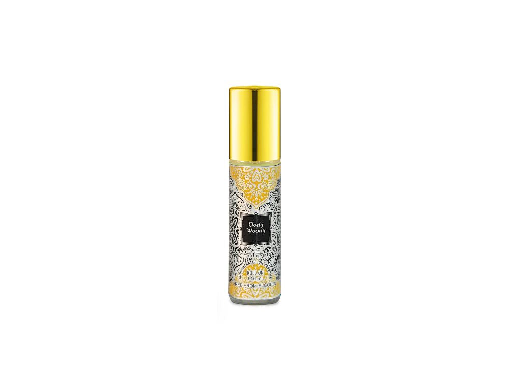 Nabeel itr attar Oody Woody Alcohol Free Roll on oil Perfume bottle on a white background