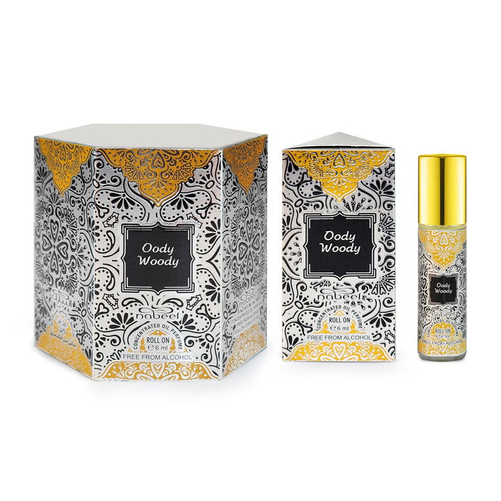 Nabeel itr attar Oody Woody Alcohol Free Roll on oil Perfume on a white background