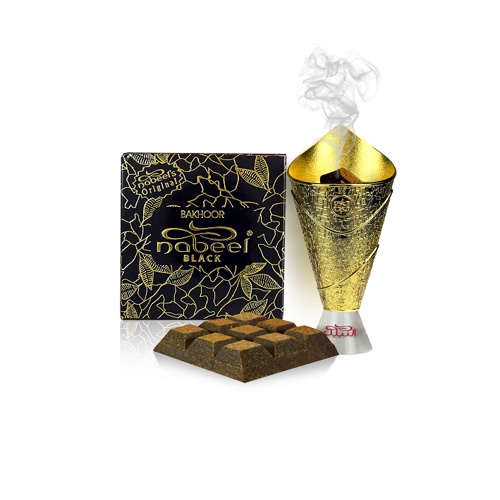 Nabeel Black bakhoor incense with packaging and holder on a white background