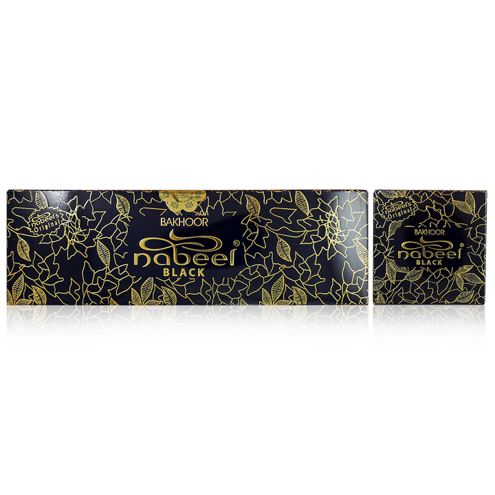 Two black boxes with gold patterns and &