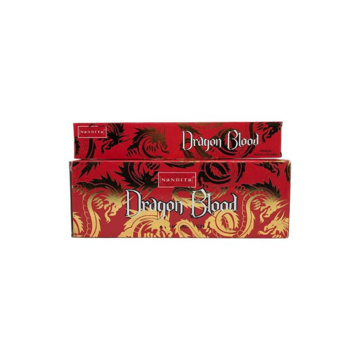 Two rectangular boxes of Nandita Dragon Blood incense sticks stacked on a plain white background. The boxes are primarily red, with black-and-gold dragon illustrations and white script text.